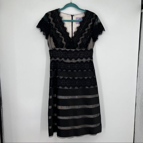JS Collections Lace Satin Sheath V Neck Black Nude Sleeveless Mesh Mini Dress - Picture 1 of 10